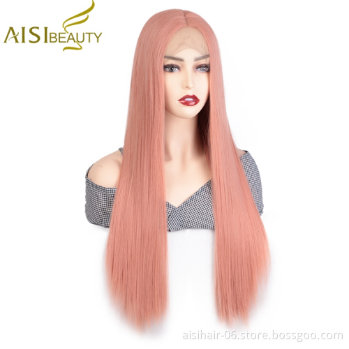 Aisi Beauty Hot Selling Wholesale Long Silky Straight Pink Pre Plucked Middle Part Synthetic Hair For Black Women Lace Front Wig